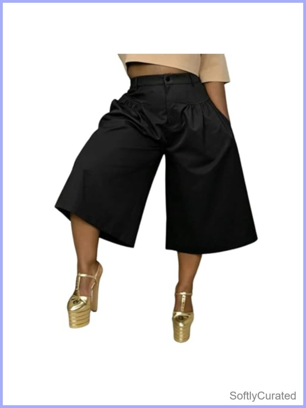 Wide Leg High Waisted Pleated Capri Pants for Women
